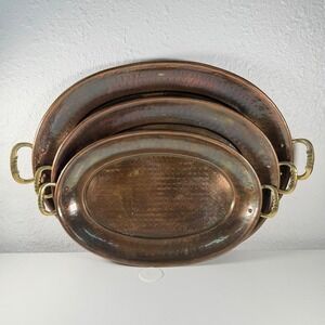Vintage Hammered Copper Tray Set of 3 with Brass Handles | Mid Century Oval